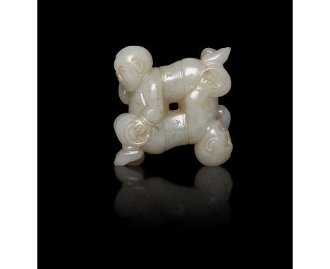 A CELADON JADE PENDENT WITH TWO BOYS  明代 青玉嬰戲小把件  China, Ming dynasty   The two figures interlocked in a yin and yang format,