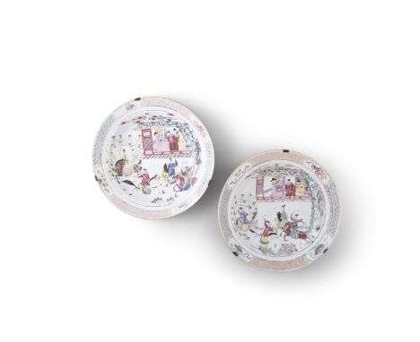 A PAIR OF CHINESE FAMILLE ROSE 'JIA SIDAO' DISHES  清十八世紀 粉彩繪賈似道圖紋碟一對  China, 18th century   Enameled in vibrant hues, depicti
