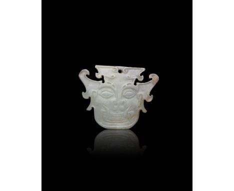 A CELADON JADE ANCESTOR MASK  新石器時代 石家河文化玉人面  China, Neolithic period, Shijiahe culture (3000-2000BC)  skilfully and subtly w