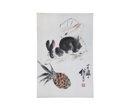 LIU JIYOU 刘继卣（1918-1983）  Two Rabbits and a Pineapple  Ink and colour on paper, hanging scroll.  Signed, with a seal of the a