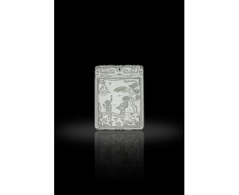 A PALE CELADON WHITE JADE PLAQUE  二十世紀 青白玉漁樵詩文玉牌  China, 20th century  Of rectangular shape, carved in low relief on one side