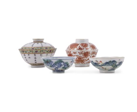 A GROUP OF FOUR FAMILLE ROSE TEACUPS AND BOWLS  19-20世紀 粉彩瓷碗及蓋碗一組四件  China, 19-20th century  Including two marked bowls depic