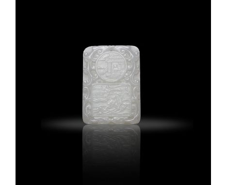 A WHITE JADE RECTANGULAR PENDANT WITH TWO SCENES OF FIGURES AND CALLIGRAPHY  清代 白玉仙人乘槎詩文子岡牌  China, Qing dynasty  Size: 3.9 x