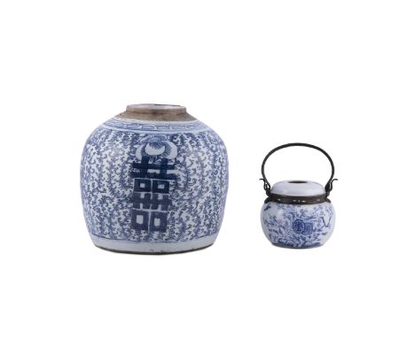 TWO BLUE AND WHITE PORCELAIN, INCLUDING A PIPE WATERPOT AND A GINGER POT  the waterpot decorated with flowers, birds and call