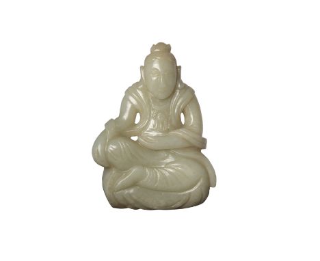 A CELADON WHITE JADE SEATED GUANYIN  明代 青白玉觀音  China, Ming dynasty  H: 8.5cm