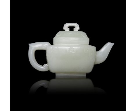 A FINE CELADON JADE TEAPOT  青玉 仿古紋茶壺  China  Of a rectangular shape, the lid and body decorated with an archaistic motif, a s
