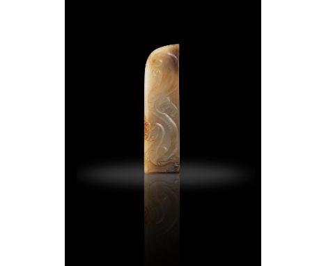 A FINE OLIVE-CELADON AND CALCIFIED YELLOW JADE SCABBARD SLIDE  漢代 黃玉龍紋劍璏  China, Han dynasty (202 BC–220 AD)  Of slightly cur