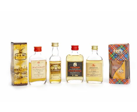 SIX RARE SINGLE MALT SCOTCH WHISKY MINIATURESTo include: Macallan 10 Years Old 70° proof, Clynelish 12 Years Old 70° proof, T
