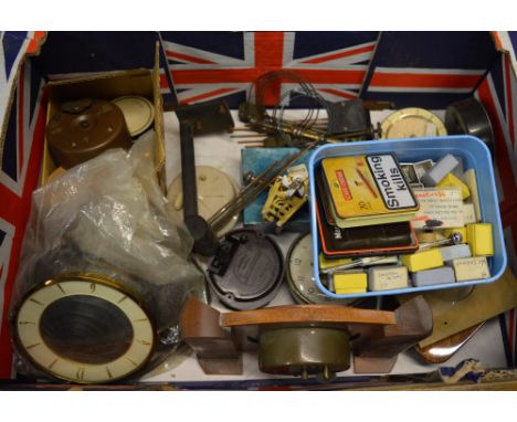 Various clock parts and movements, chimes, watch parts etc