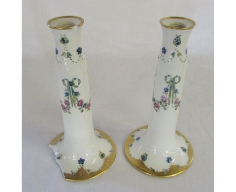 Pair of Macintyre & Co Moorcroft candlesticks 'forget-me- nots' pattern c 1908 H 24 cm (one candlestick heavily damaged)