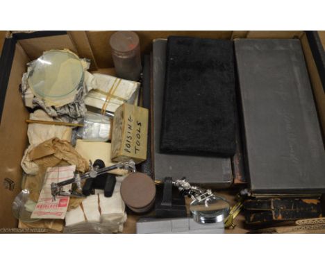 Watchmakers tools including a poising tool, clock crystals, etc