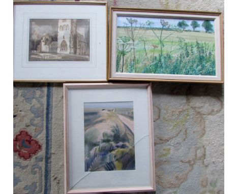 2 watercolours by Christopher Harrison & an oil painting of a field by D R Vallentine