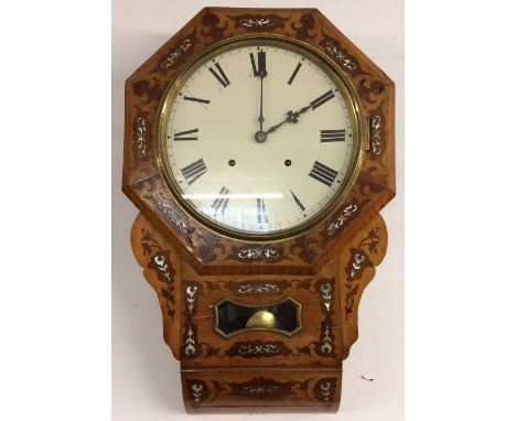 American 19th century octagonal drop dial clock with 8 day strike on bell movement & mother of pearl inlay