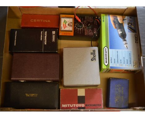 Box of watchmakers tools including a Certina pump, Mercer gauge, Mitutoyo micrometer etc