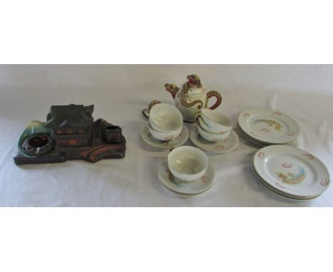 Japanese satsuma style part tea service & a vintage musical cigarette holder/stand
