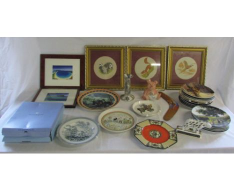 Various collectors plates, Wedgwood pewter candlestick, Wedgwood Noahs Ark 'Panther', Natwest pig, boomerang & assorted print