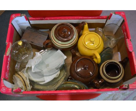 Various teapots, glass jugs and clock crystals