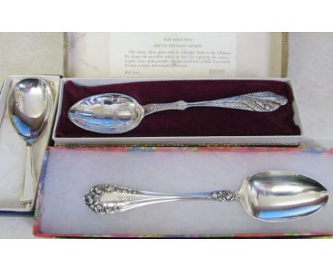 Silver birth record spoon Birmingham hallmark weight 1.30 ozt, silver caddy spoon Sheffield hallmark weight 0.58 ozt & a late