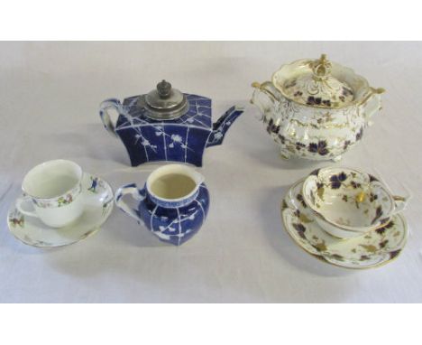 Rockingham cup and saucer with sucrier painted in cobalt blue and gilt, teapot and jug (registration date October 1878) and c