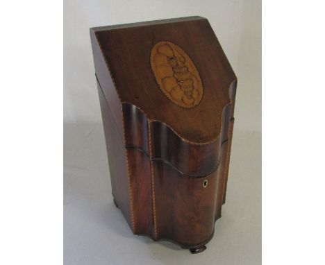 Georgian serpentine fronted cutlery box with shell motif and cross banding on small ogee bracket feet, interior altered to fo