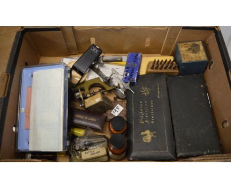 Watchmakers tools including a poising tool, button chucks, magnifying glass etc