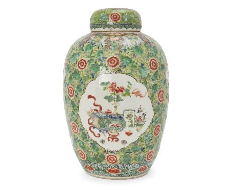 A large Chinese famille verte 'hundred treasures' jar and cover, 19th century, of ovoid form painted with panels of antique o