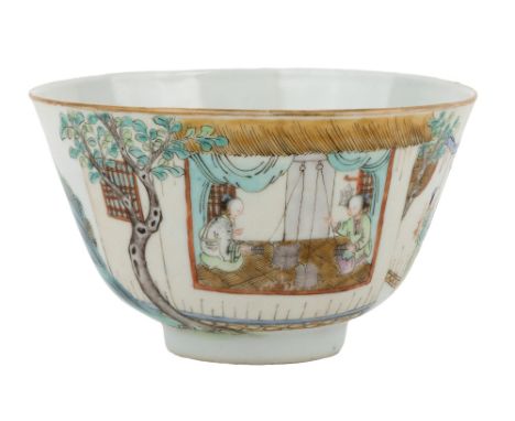 A Chinese famille 'ladies' bowl, 19th century, standing on a short foot rising to deep sides, painted to the exterior with tw