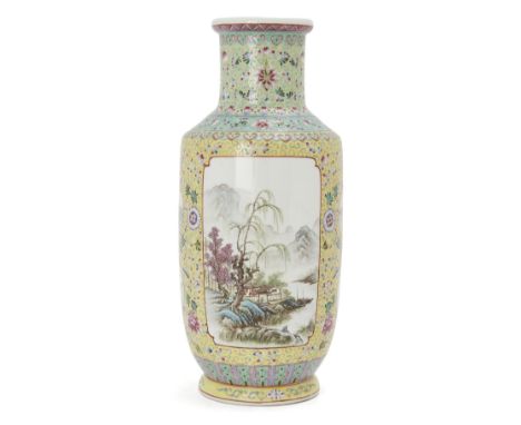 A Chinese famille rose landscape rouleau vase, Republic period, painted with large panels of mountainous landscape scenes con