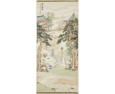 Jin Qinhe (1914 - ?), ink and colour on paper, hanging scroll, painted with a couple with faces of westerners in Chinese robe