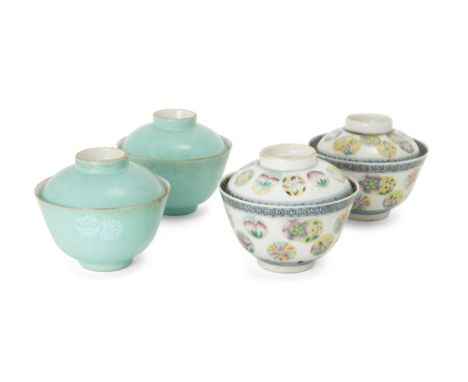 Two pairs of Chinese 'floral medallions' tea bowls and covers, 19th century, comprising a pair of turquoise ground teabowls d