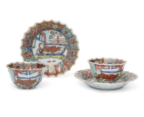 A pair of Chinese famille rose lobed 'foreigner' tea cups and saucers, Yongzheng period, all moulded as petals of a flower, t