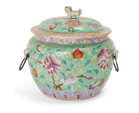 A Chinese famille rose 'Peranakan' handled jar and cover, 19th century, brightly enamelled with peaches and lotus flowers on 