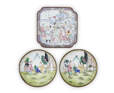 Three Chinese Canton enamel saucers, 18th - 19th century, comprising: a square saucer painted with a panel of eight Daoist im