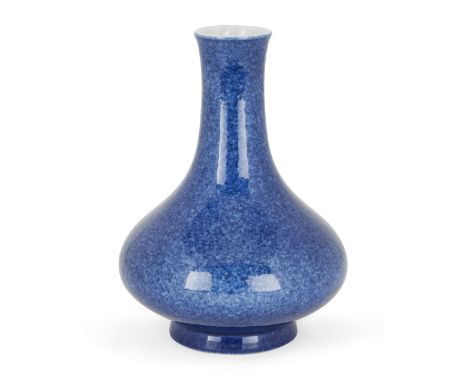 A Chinese monochrome powder-blue bottle vase, Yongzheng mark and of the period, the gently flared short foot supporting a com