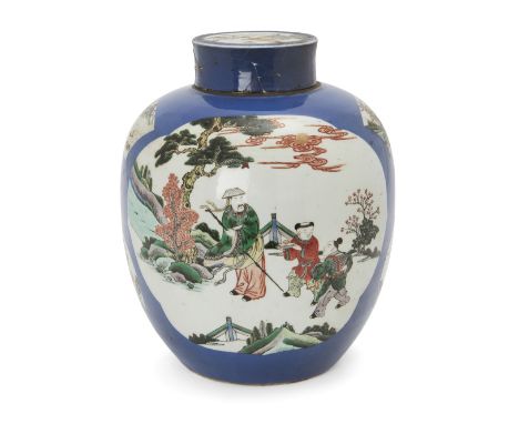 A large Chinese powder-blue famille verte 'ginger' jar with cover, 19th century, painted with a large panel of an official an