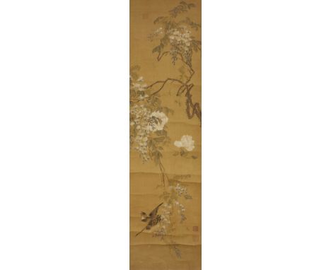19th century Chinese school, ink and colour on silk, hanging scroll, painted with two birds perching on a flower branch, with