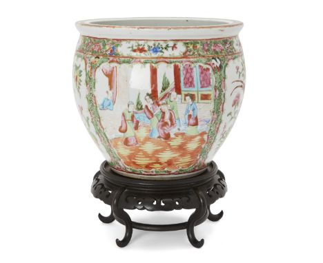 A Chinese Canton enamel jardinière, 19th century, painted in famille rose enamels to the exterior with panels of figures, flo