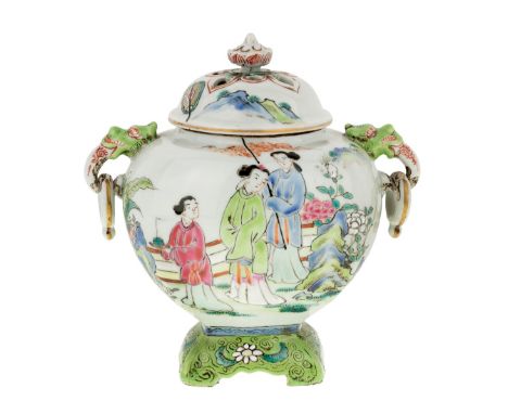 A famille rose twin-handled incense burner, 20th century, of rounded cuboid form with a splayed foot, flanked by a pair of ri