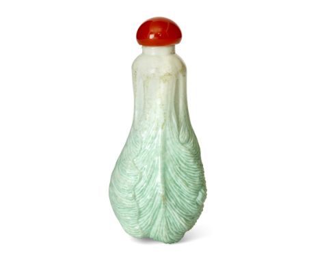 A Chinese porcelain moulded 'cabbage' snuff bottle, Qing Dynasty, the naturalistic bottle in the shape of Chinese cabbage, ba