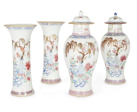 A garniture of four Chinese famille rose vases, Qianlong period, comprising of two flared vases painted with 'hundred treasur