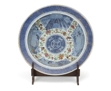 A large Chinese gilt and enameled blue and white basin, early 19th century, the heavily potted vessel of tapered with deep ro