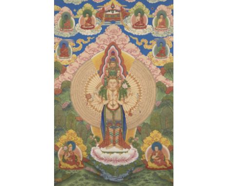 A large Chinese painting of Avalokitesvara, 20th century, hanging scroll, depicting an eleven headed, thousand-armed Avalokit