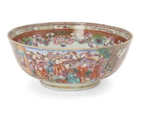 A Chinese export famille rose 'Mandarin pattern' bowl, 18th century, painted with figures at discussion before pavilions with