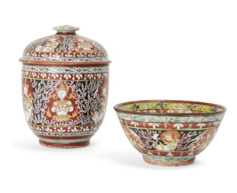 A Chinese porcelain Thai market Bencharong covered jar and a bowl, 19th century,  each typically enamelled with medallions of