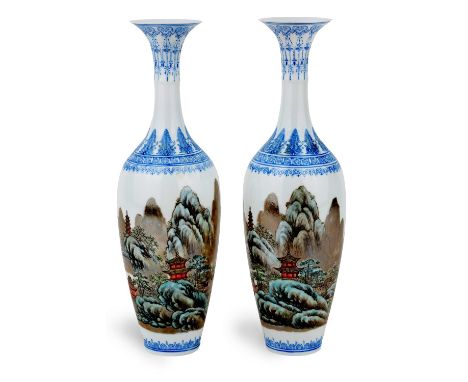 A pair of Chinese egg-shell porcelain vases, Republic period, each decorated with a continuous mountain landscape, apocryphal