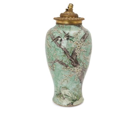 A large Chinese famille verte 'phoenix tail vase', yenyen, Kangxi period, decorated in enamels with magpies in the branches o