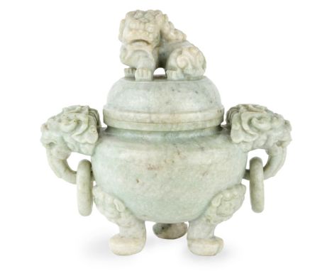 A Chinese hardstone 'Buddhist lion' tripod censer, early 20th century, the domed cover surmounted with a seated Buddhist lion