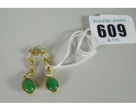 A pair of 18ct gold jade & diamond earrings, estimated total diamond weight 0.25cts, hallmarked for London, 1987, 4.4grms (ja