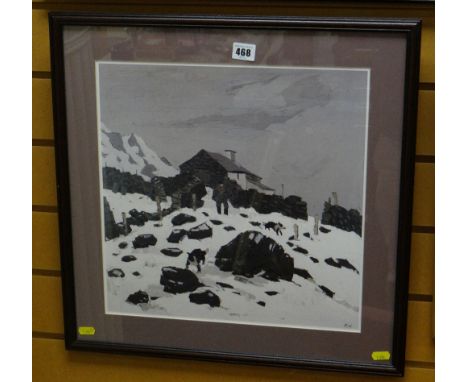 Framed Sir Kyffin Williams RA print of farmer & dogs in snow