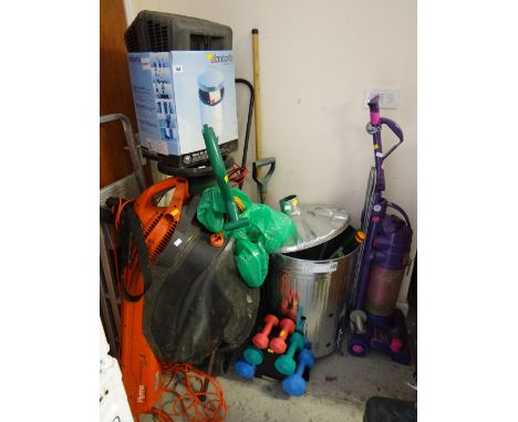 Parcel of mainly garden items including Flymo garden vac, strimmer, shredder, lawn mower, tools, Dyson vacuum cleaner etc E/T